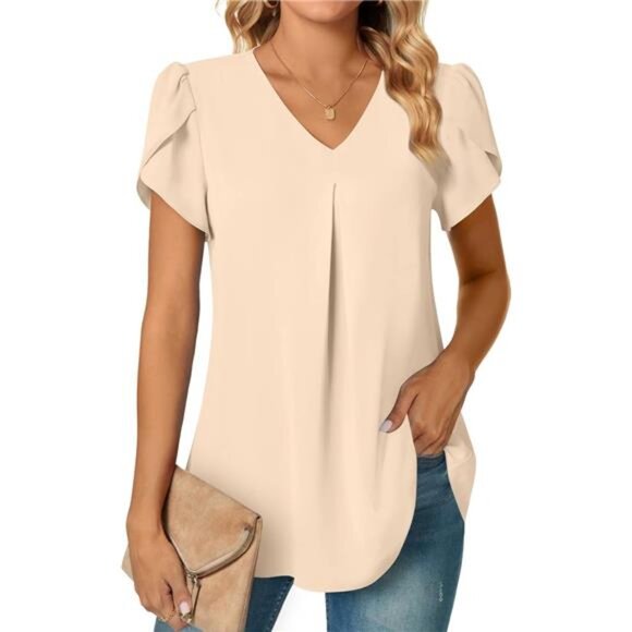 Women's Plus Size Summer Dressy Chiffon Blouses Short Sleeve V Neck Tunic Tops - Picture 1 of 7